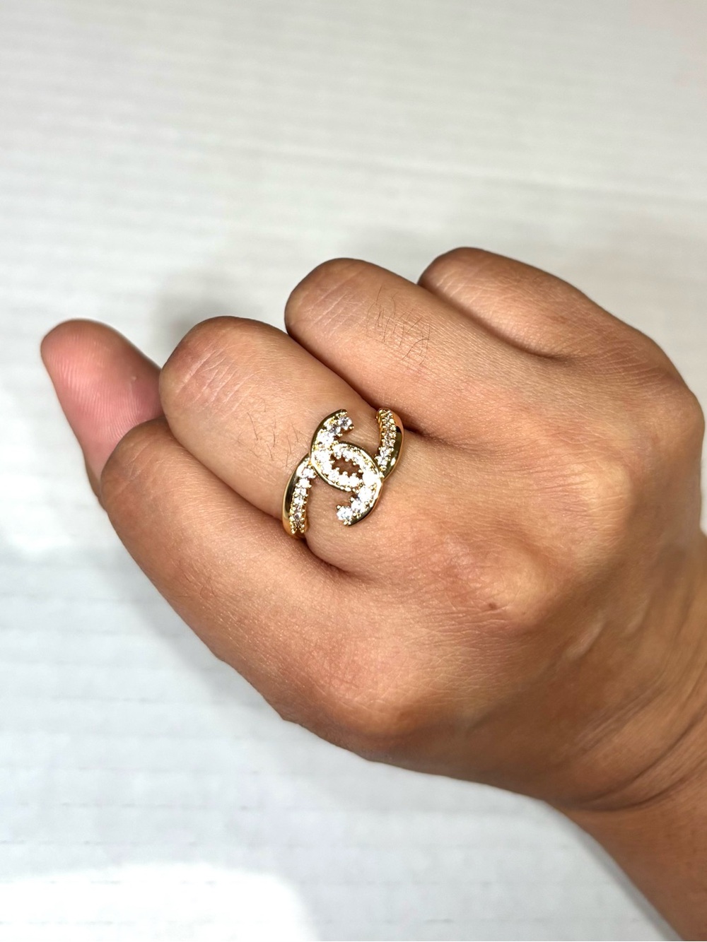 Gold-Tone C Rhinestone Crystal Interlocking Ring New- Adjustable